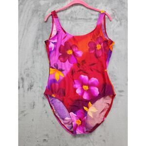 NEW Vintage 90s Catalina Floral Ribbed Low Back High Cut Swimsuit Size 1X Pink‎